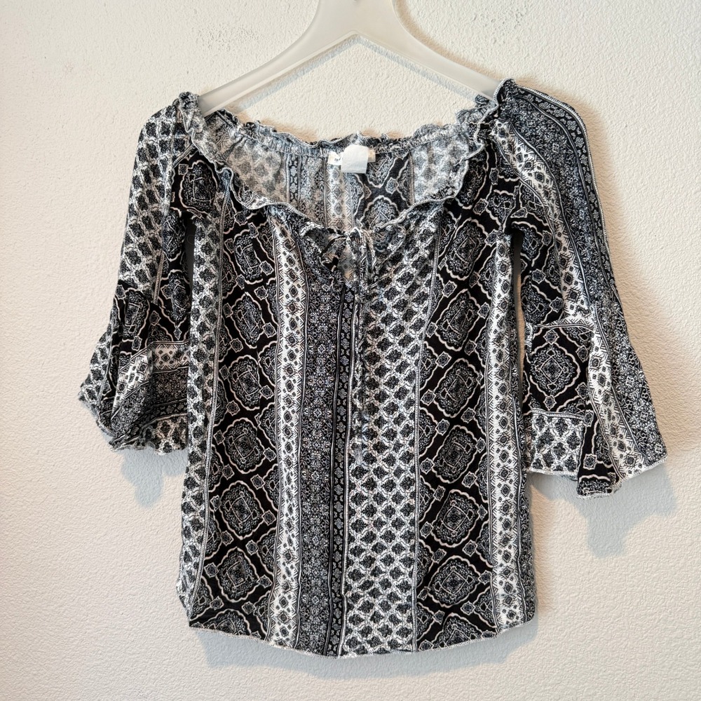 Mirabilia Womens Black White Paisley Bell Sleeve Boho Peasant Top Made in USA L